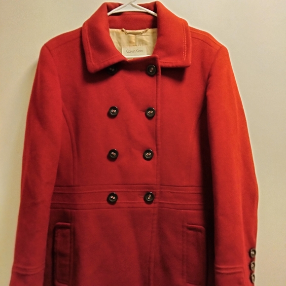 Calvin Klein Women's Size Double Breasted 100% Wool Red Peacoat (Size 14 - Picture 1 of 15
